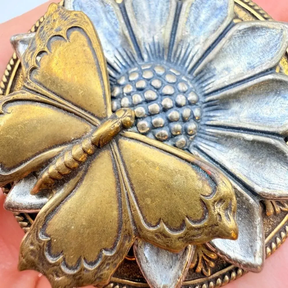 Signed Cappy Vtg Sunflower Butterfly Concho Clip Brass Silver Western Cowboy